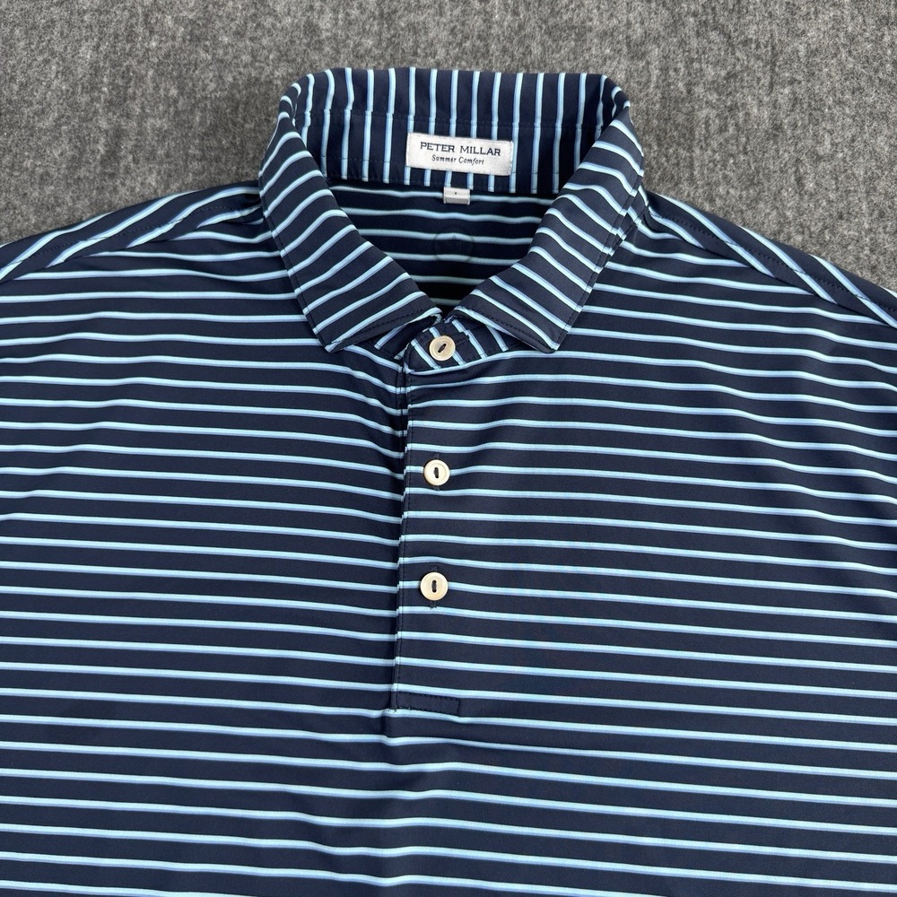 Peter Millar Summer Comfort Men's L Polo Shirt Blue Stripe Stretch Golf